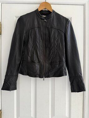 Anthropologie-June-Black Leather Biker Jacket with Ruffles on Back - M
